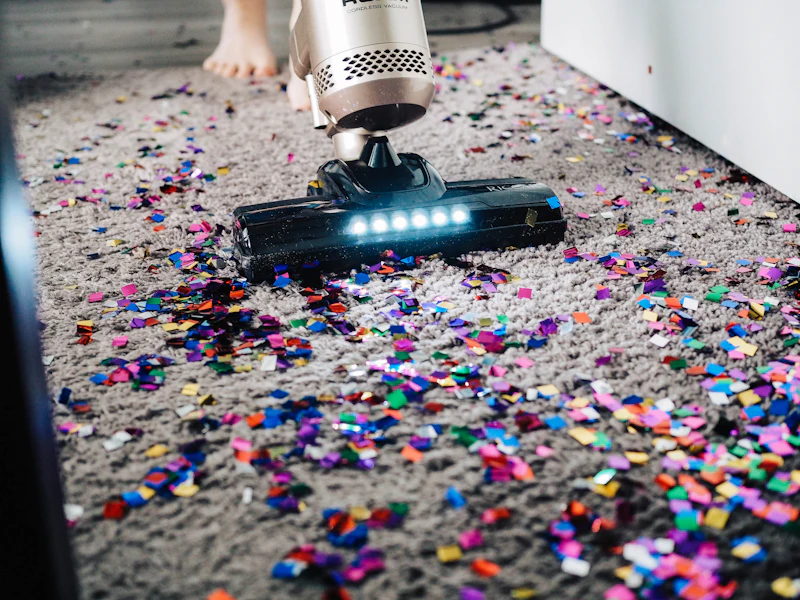 Vacuum cleaner lifting confetti from a carpet